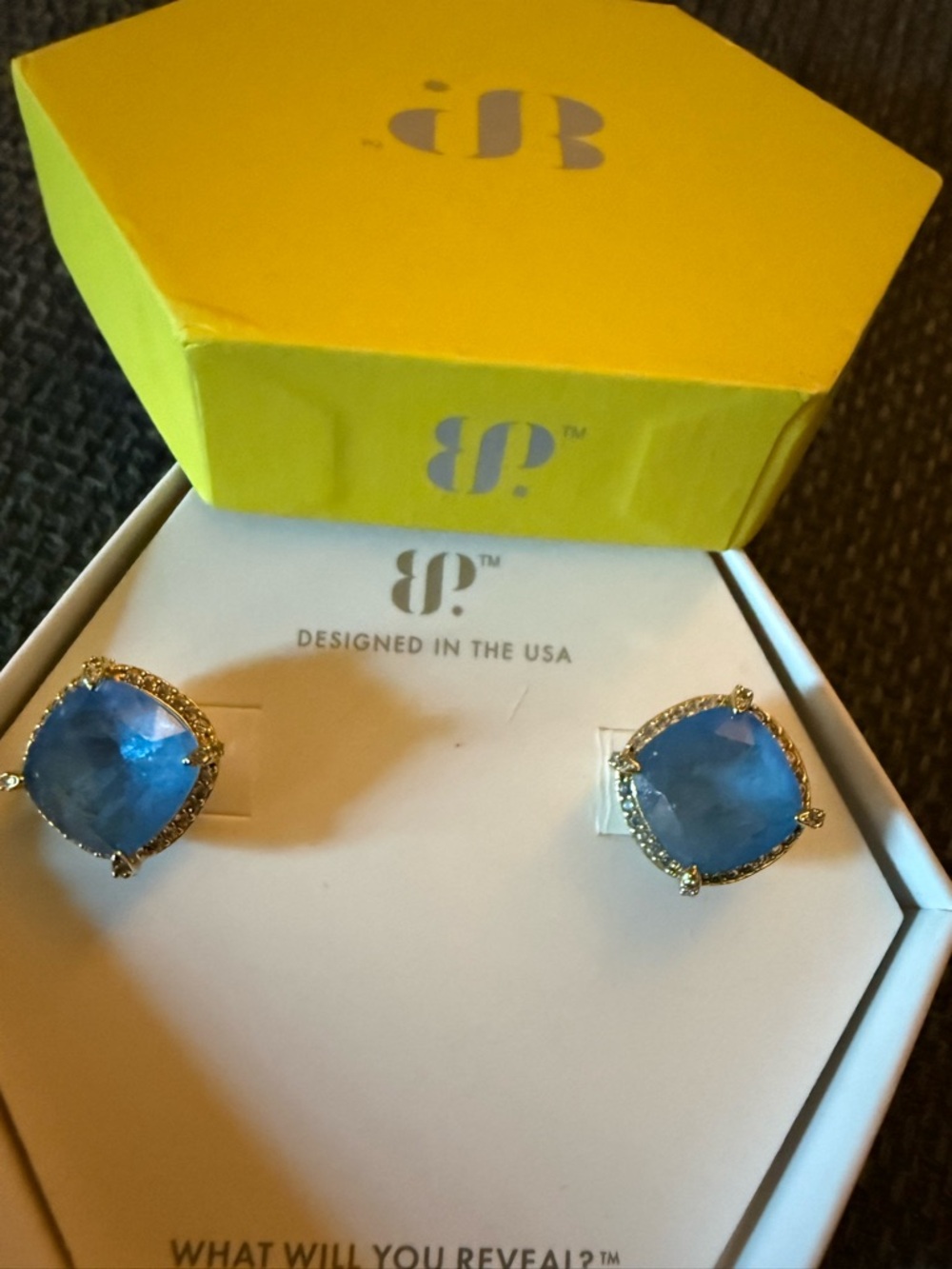 Blue Faceted Stone Stud Earrings with Pavé Accents
